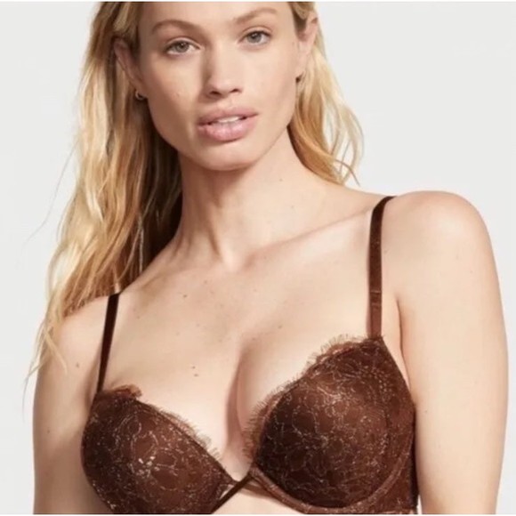 32D-Victoria’s Secret cocoa Chantilly lace Bombshell( add 2X cups) Plunge Bra - Picture 1 of 6